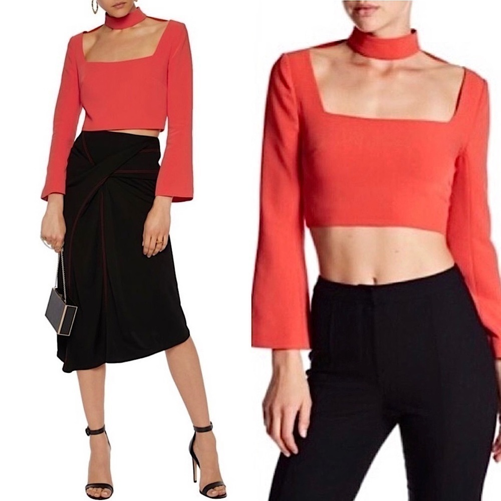 NWT CINQ SEPT 90s Mockneck Choker Cutout Square Neck Long Bell Sleeve Crop Top 2